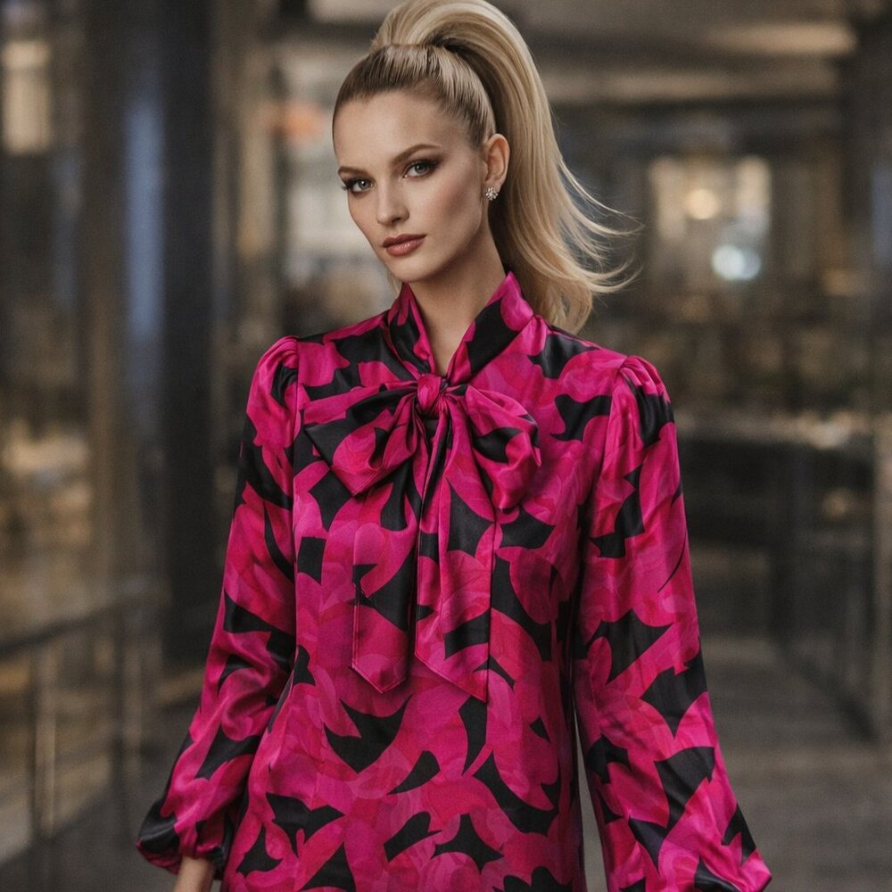 100% Silk Diane von Furstenberg Akita Bow Dress Pink Abstract  Designer Luxury